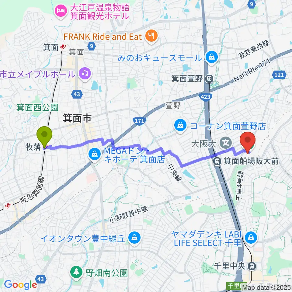 牧落駅からBb箕面船場店へのルートマップ地図