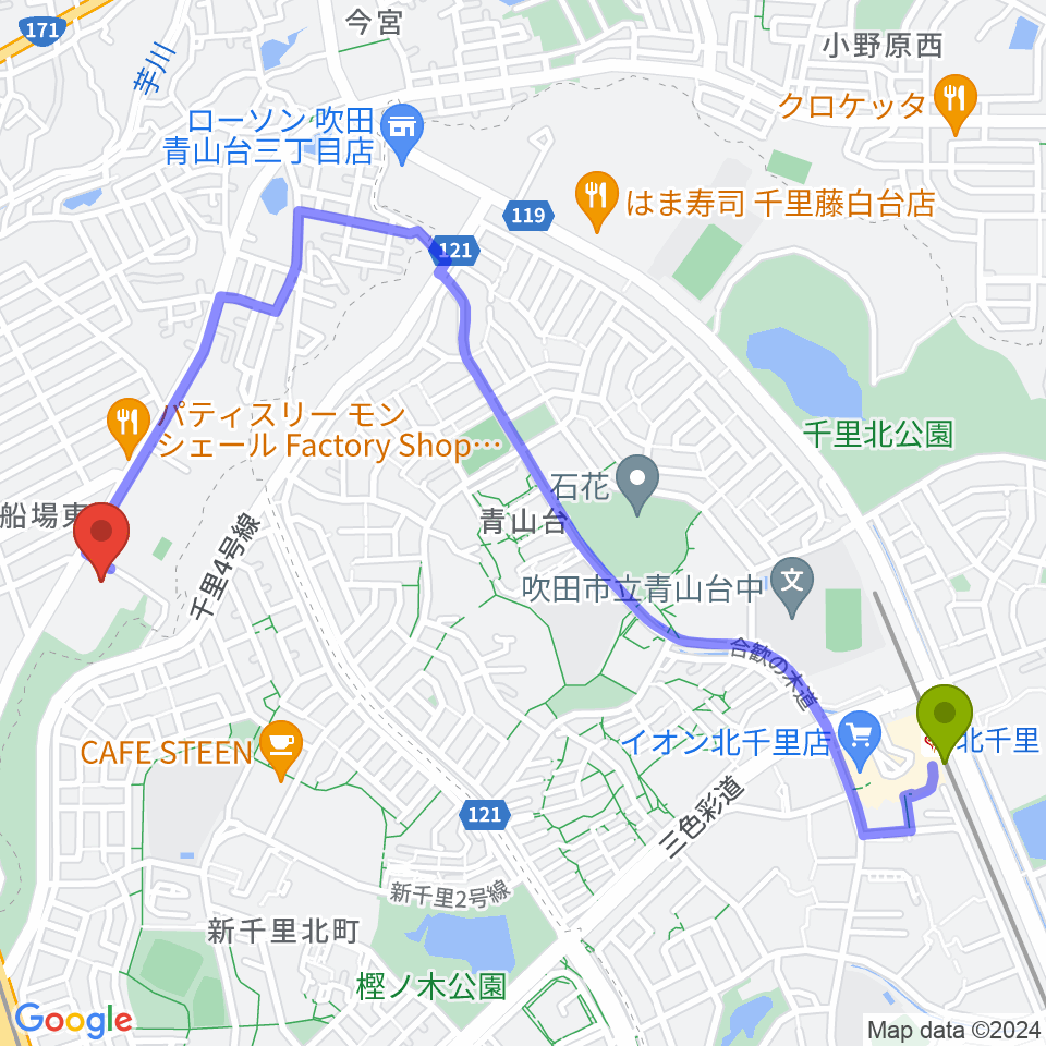 Bb箕面船場店の最寄駅北千里駅からの徒歩ルート（約26分）地図