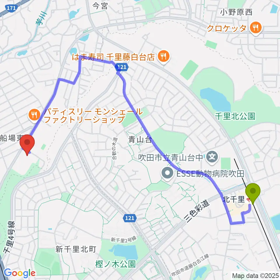 Bb箕面船場店の最寄駅北千里駅からの徒歩ルート（約26分）地図