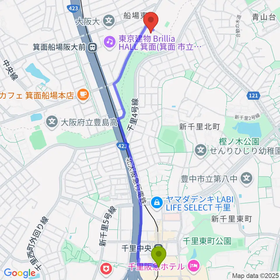 千里中央駅からBb箕面船場店へのルートマップ地図