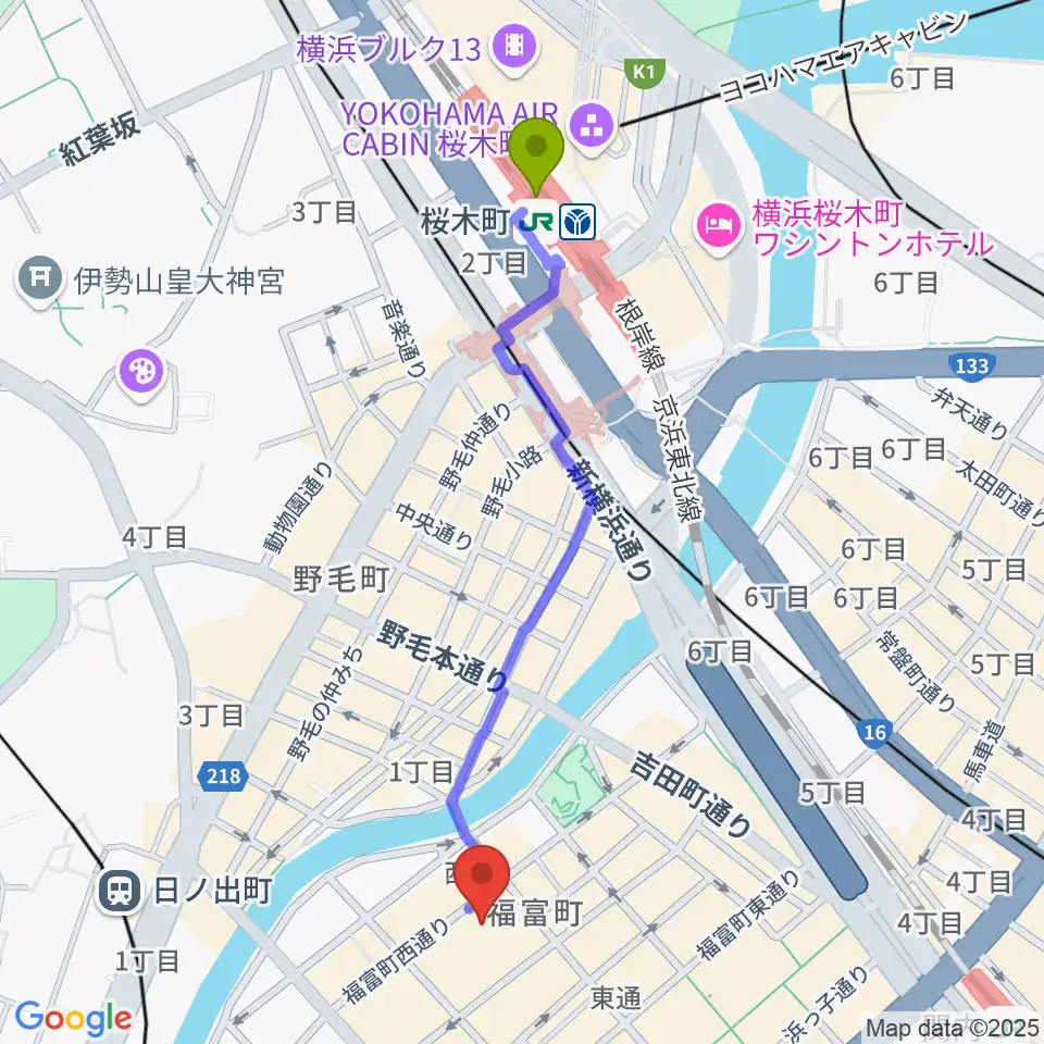 桜木町駅からJazz Club FAROUTへのルートマップ地図