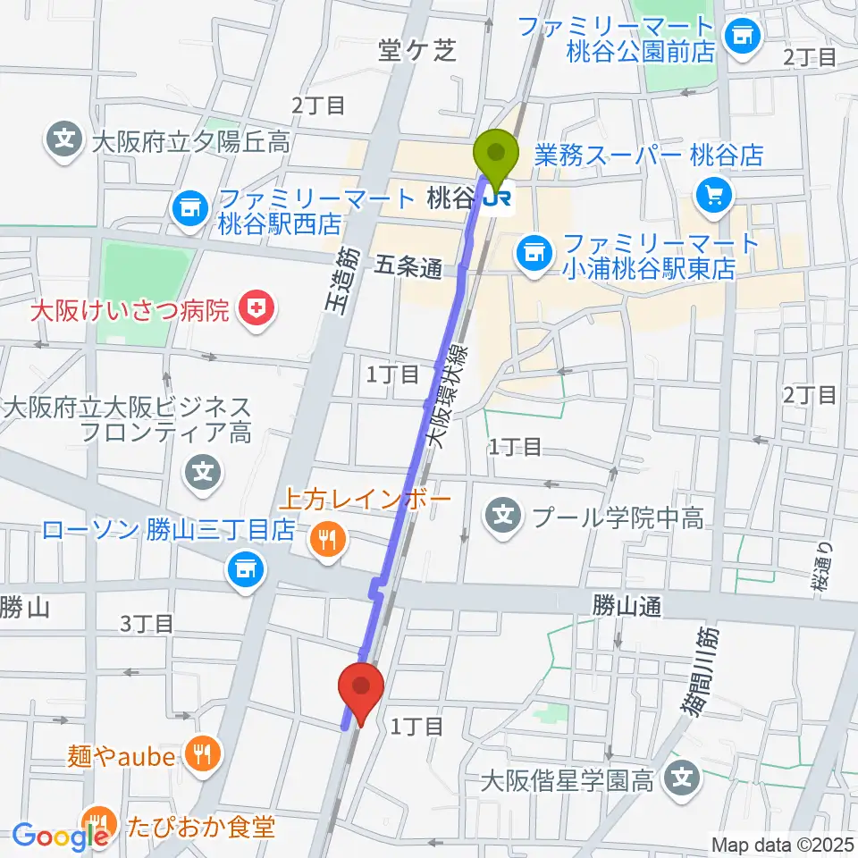 桃谷エムズホールの最寄駅桃谷駅からの徒歩ルート（約10分）地図