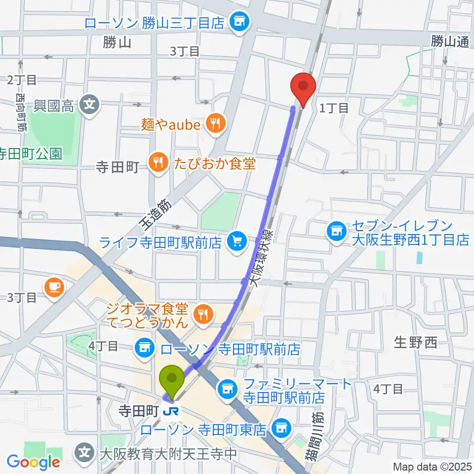 寺田町駅から桃谷エムズホールへのルートマップ地図