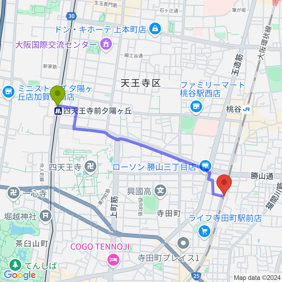 四天王寺前夕陽ヶ丘駅から桃谷エムズホールへのルートマップ地図