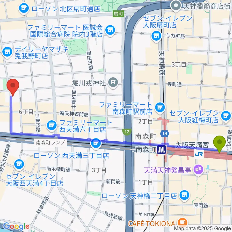 大阪天満宮駅からいんたーぷれい８へのルートマップ地図