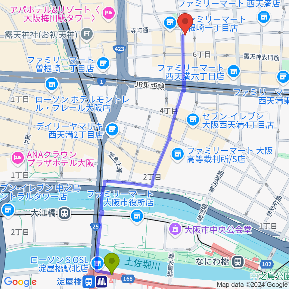 いんたーぷれい８の最寄駅淀屋橋駅からの徒歩ルート（約14分）地図