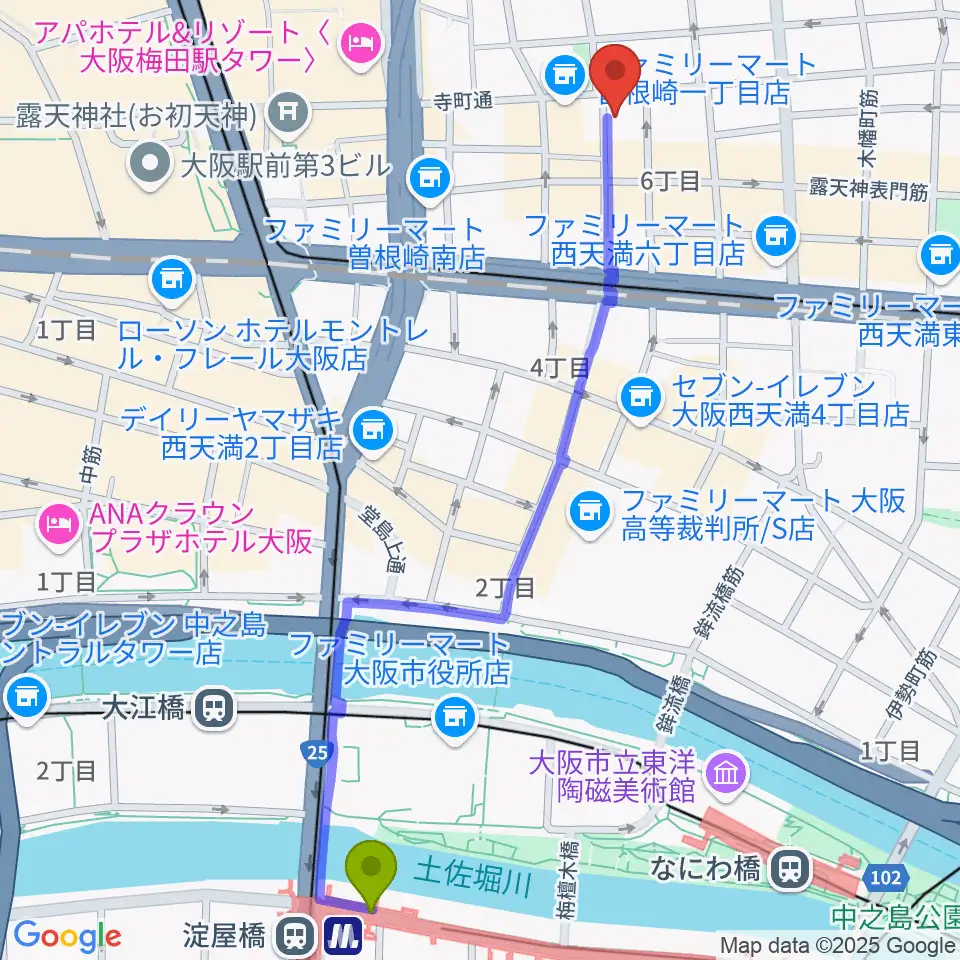 いんたーぷれい８の最寄駅淀屋橋駅からの徒歩ルート（約14分）地図