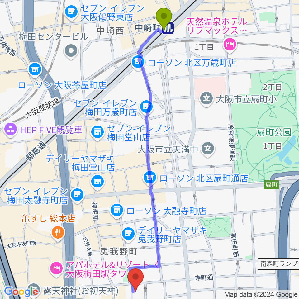 中崎町駅からいんたーぷれい８へのルートマップ地図