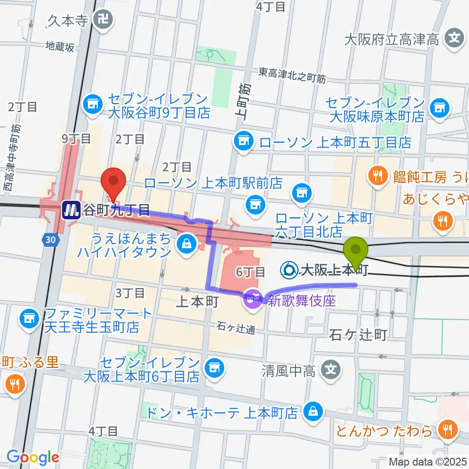 大阪上本町駅から谷町九丁目サブへのルートマップ Mdata