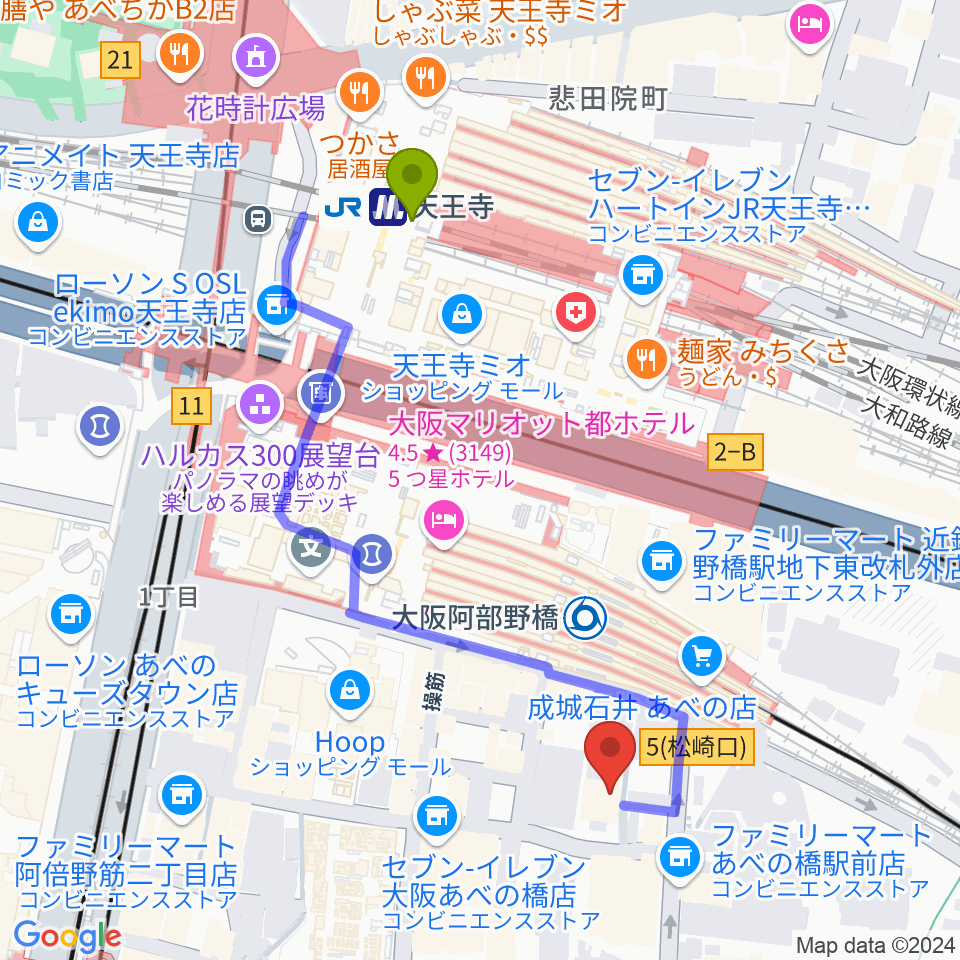 STAGE+PLUS（ステージプラス）の最寄駅天王寺駅からの徒歩ルート（約5分）地図