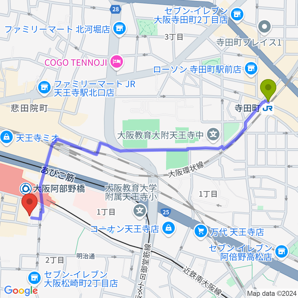 寺田町駅からSTAGE+PLUS（ステージプラス）へのルートマップ地図