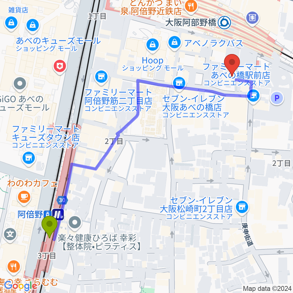 阿倍野駅からSTAGE+PLUS（ステージプラス）へのルートマップ地図