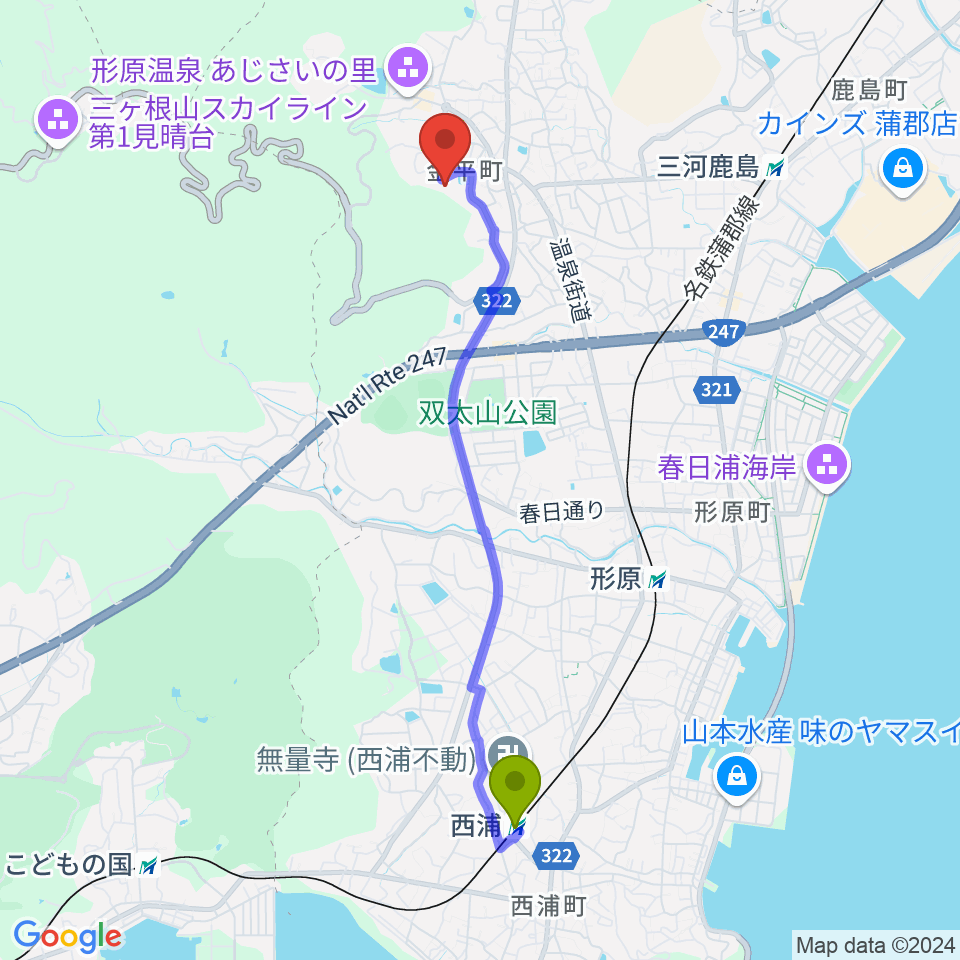 西浦駅から蒲郡ROSE COLORへのルートマップ地図