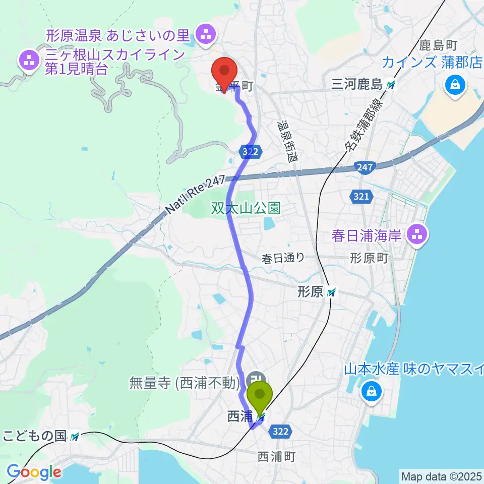 西浦駅から蒲郡ROSE COLORへのルートマップ地図