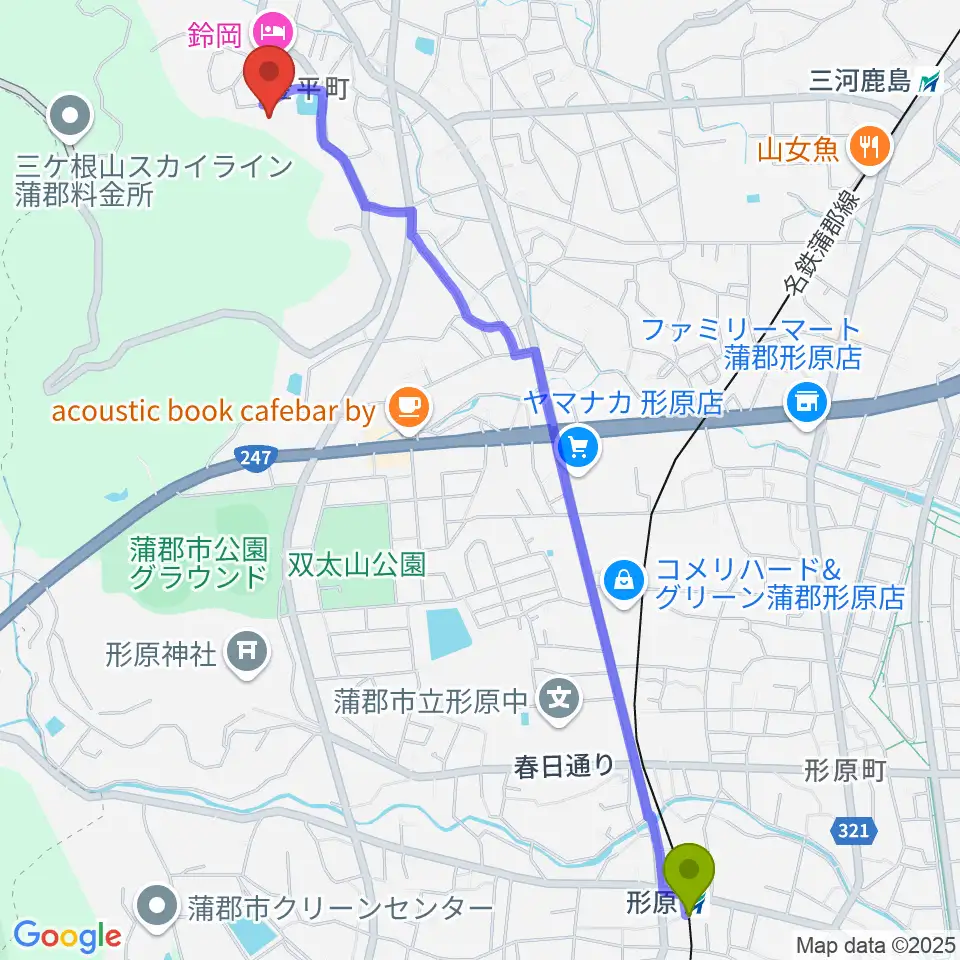 形原駅から蒲郡ROSE COLORへのルートマップ地図