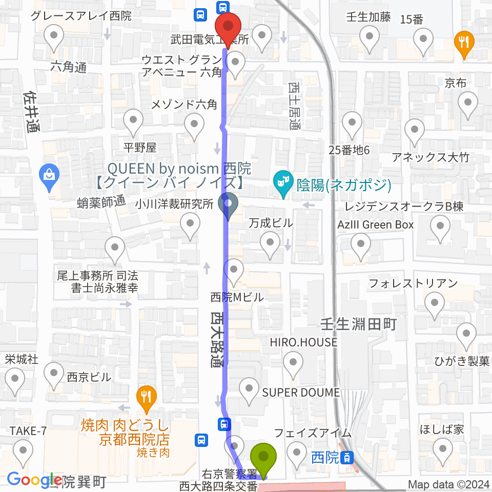 西院駅から京都西院ウーララへのルートマップ地図