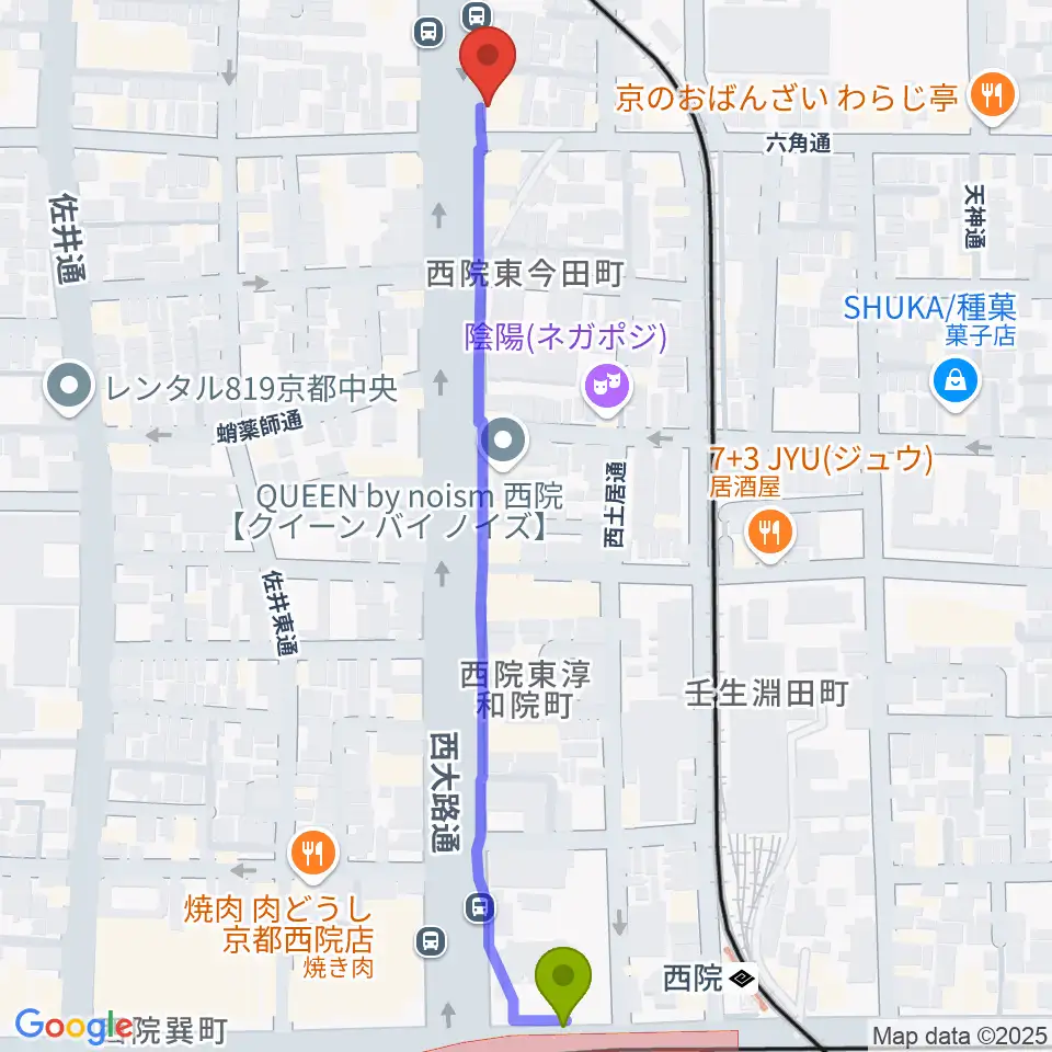 西院駅から京都西院ウーララへのルートマップ地図