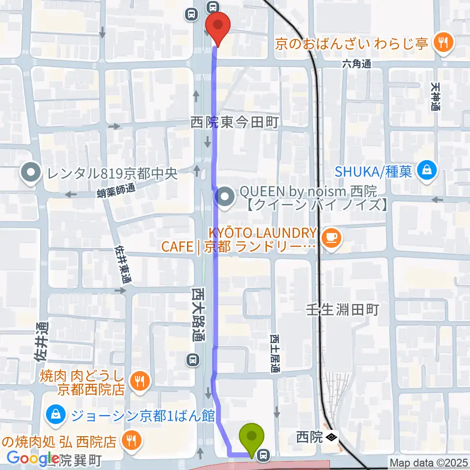 西院駅から京都西院ウーララへのルートマップ地図