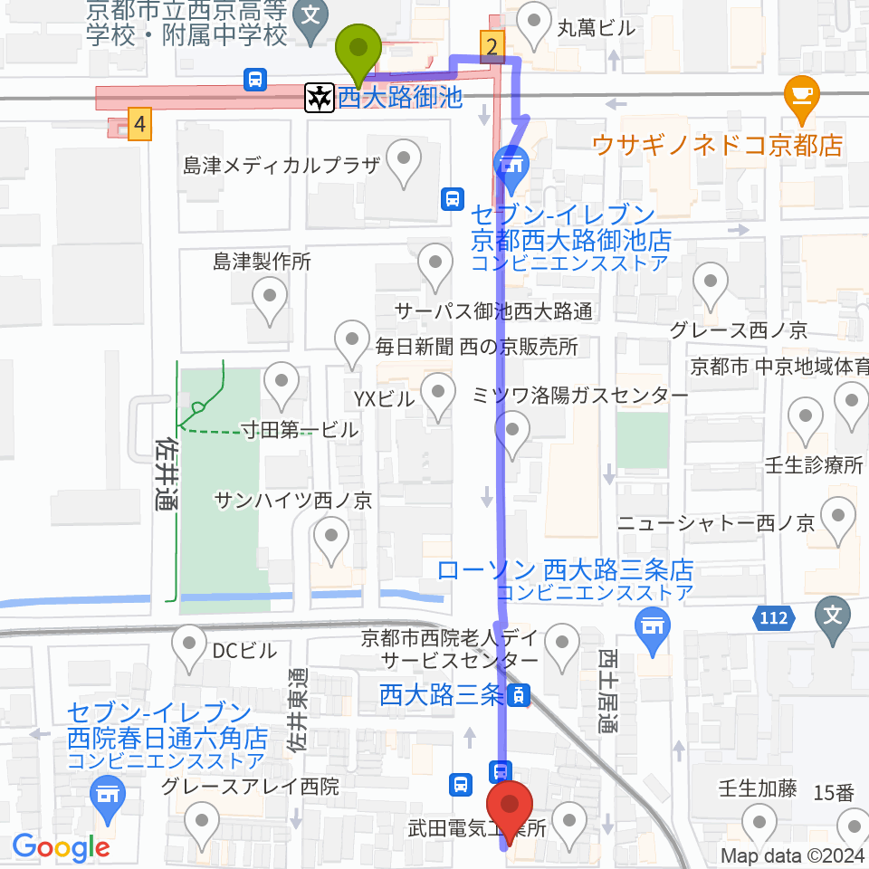 西大路御池駅から京都西院ウーララへのルートマップ地図