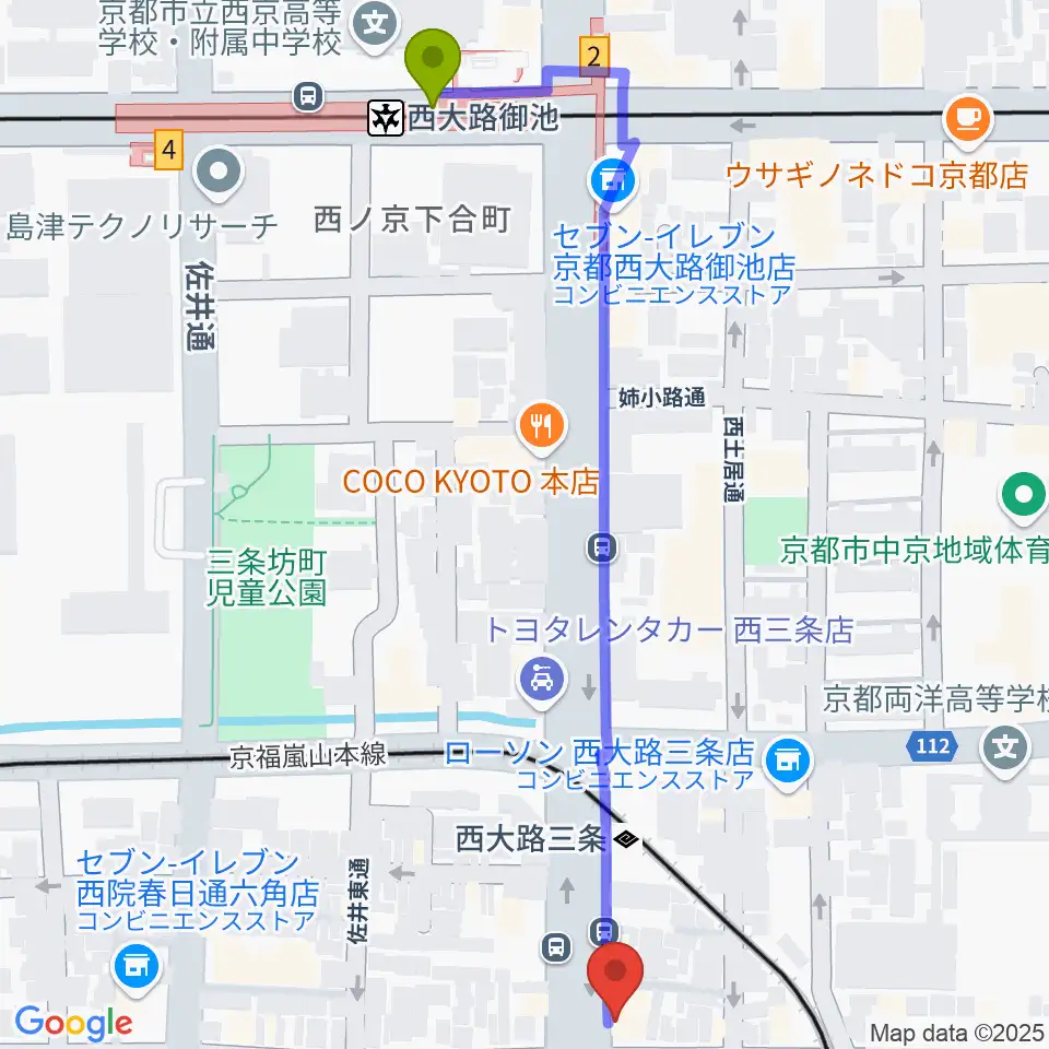 西大路御池駅から京都西院ウーララへのルートマップ地図