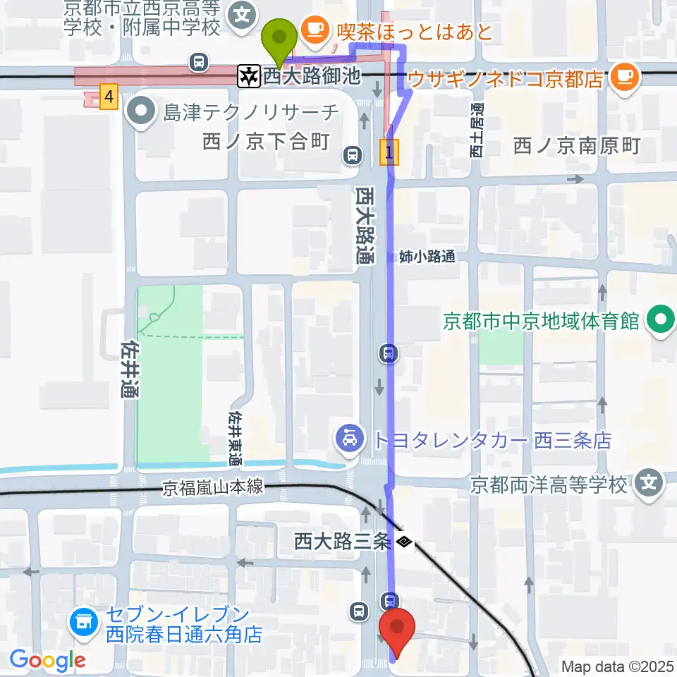 西大路御池駅から京都西院ウーララへのルートマップ地図