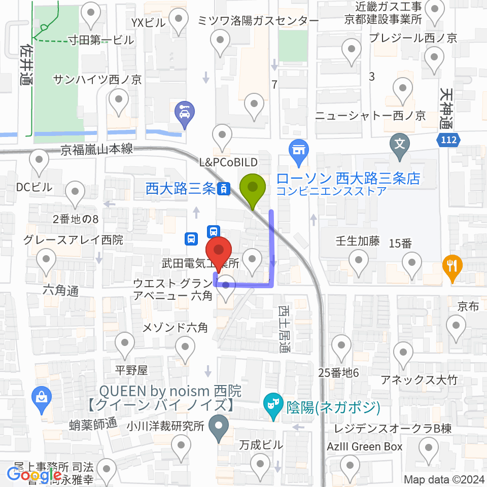 京都西院ウーララの最寄駅西大路三条駅からの徒歩ルート（約1分）地図