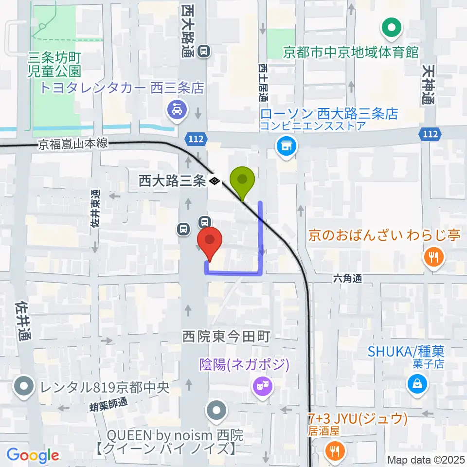 京都西院ウーララの最寄駅西大路三条駅からの徒歩ルート（約1分）地図