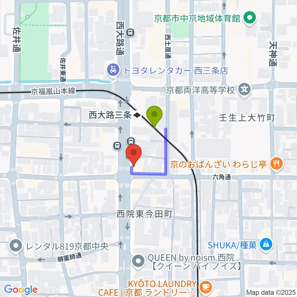 京都西院ウーララの最寄駅西大路三条駅からの徒歩ルート（約1分）地図