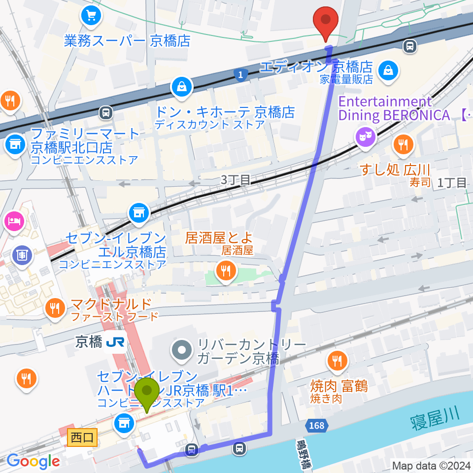 京橋セブンデイズの最寄駅京橋駅からの徒歩ルート（約7分）地図