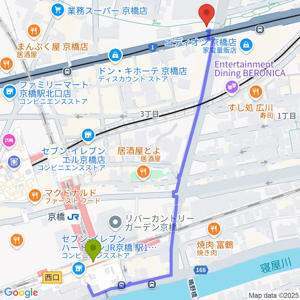 京橋セブンデイズの最寄駅京橋駅からの徒歩ルート（約7分）地図