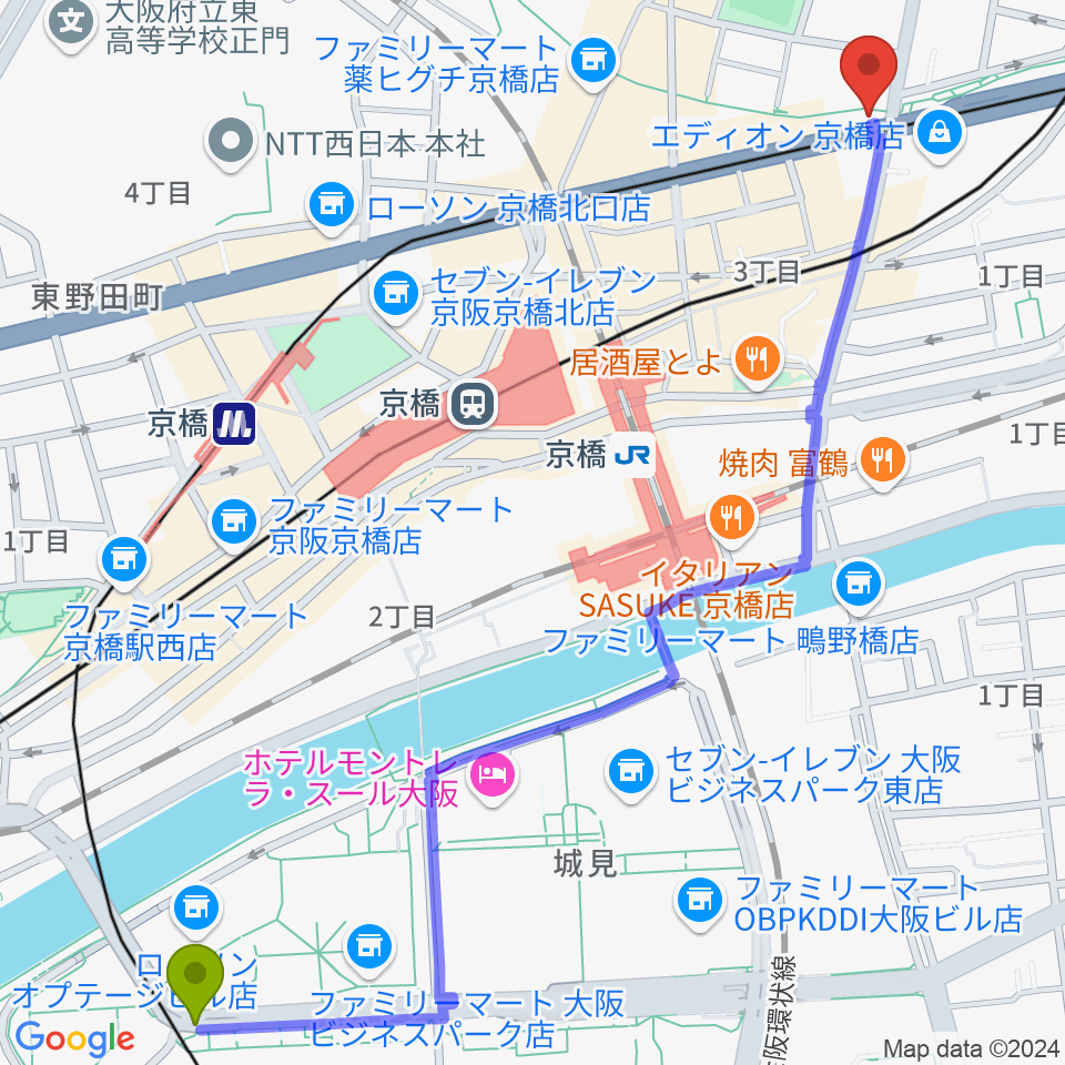 大阪ビジネスパーク駅から京橋セブンデイズへのルートマップ地図