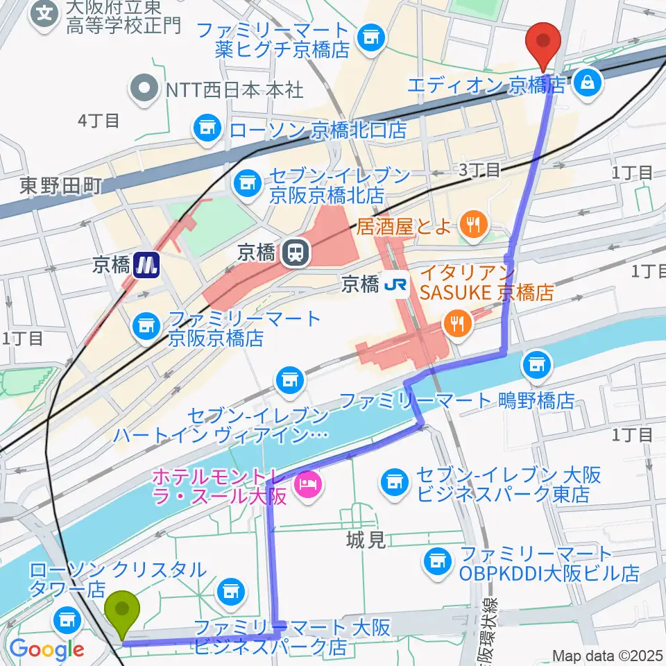 大阪ビジネスパーク駅から京橋セブンデイズへのルートマップ地図