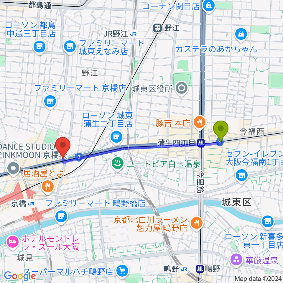 蒲生四丁目駅から京橋セブンデイズへのルートマップ地図