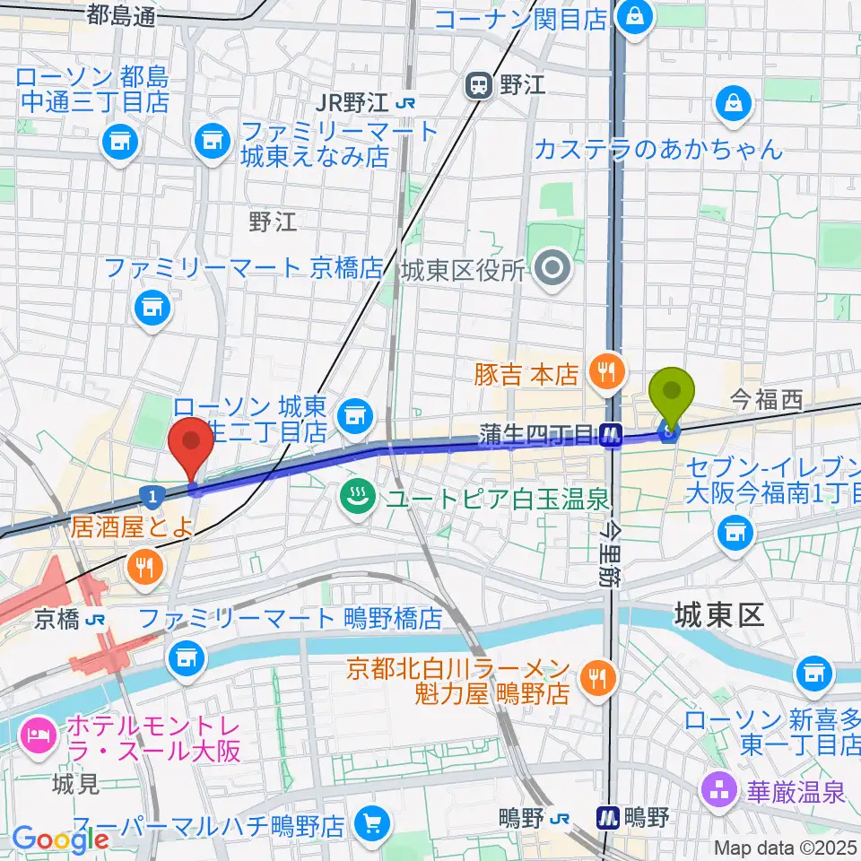 蒲生四丁目駅から京橋セブンデイズへのルートマップ地図