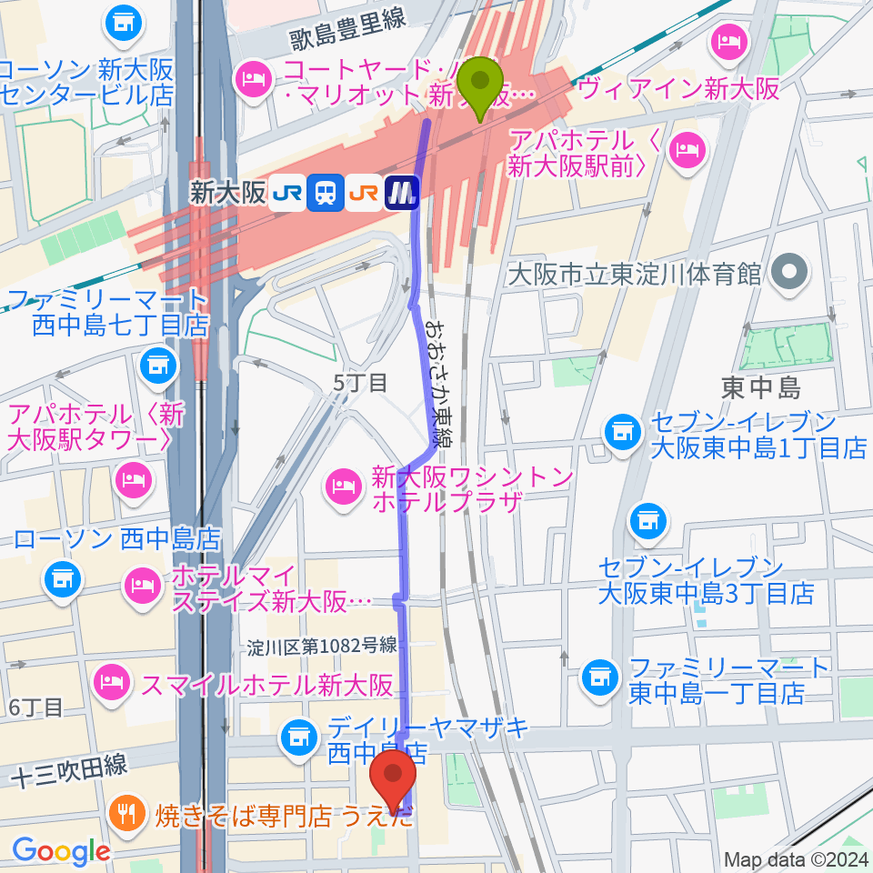 新大阪駅からLive Bar D3へのルートマップ地図