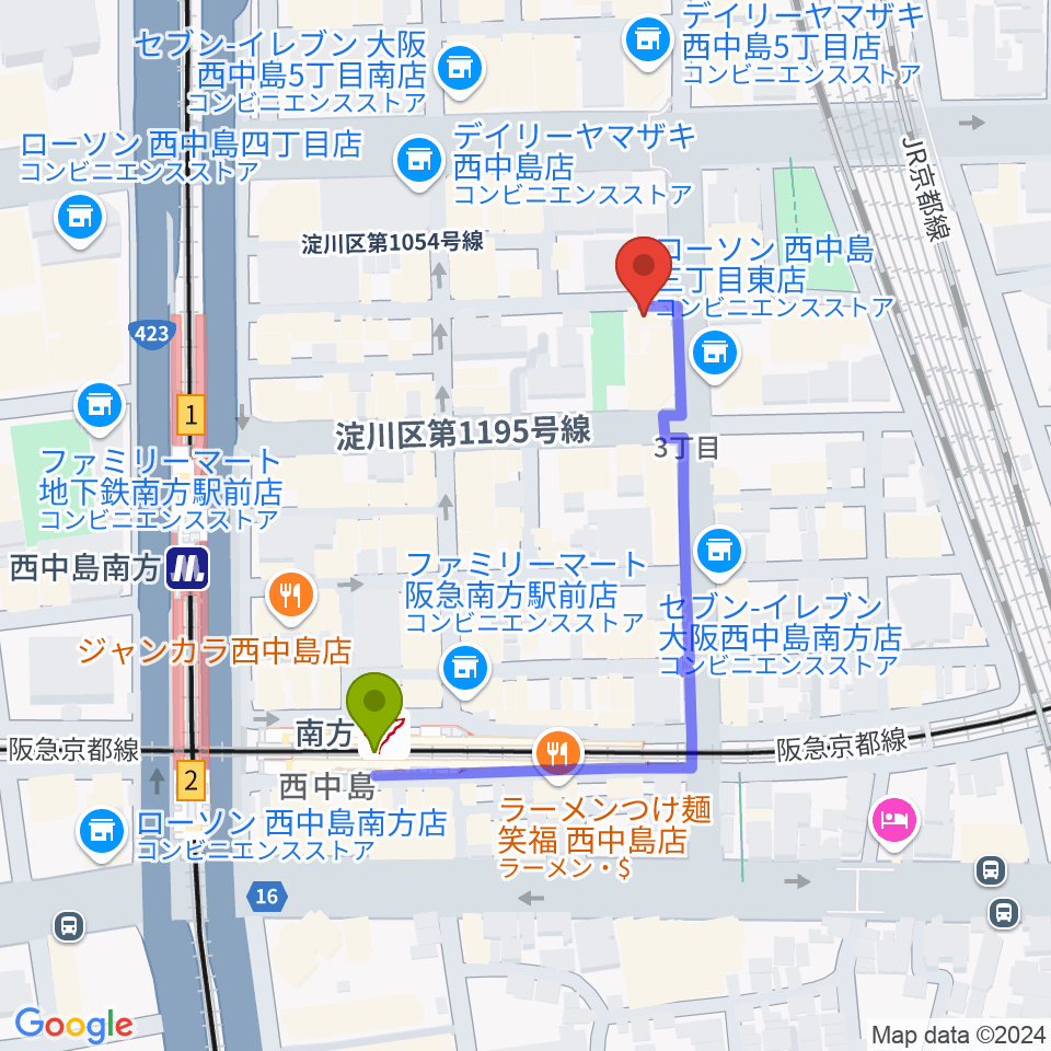 Live Bar D3の最寄駅南方駅からの徒歩ルート（約4分）地図