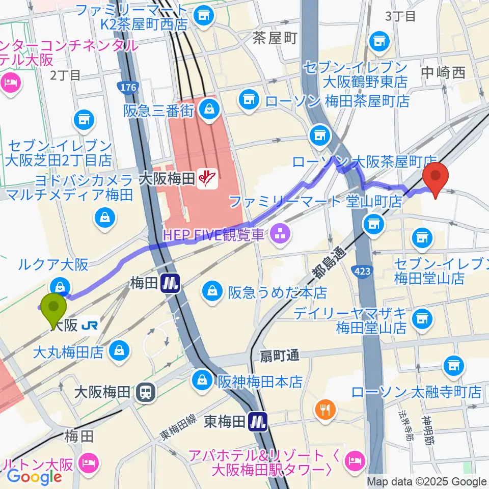 大阪駅から梅田アクトスリーホールへのルートマップ地図
