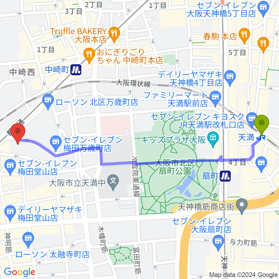 天満駅から梅田アクトスリーホールへのルートマップ地図