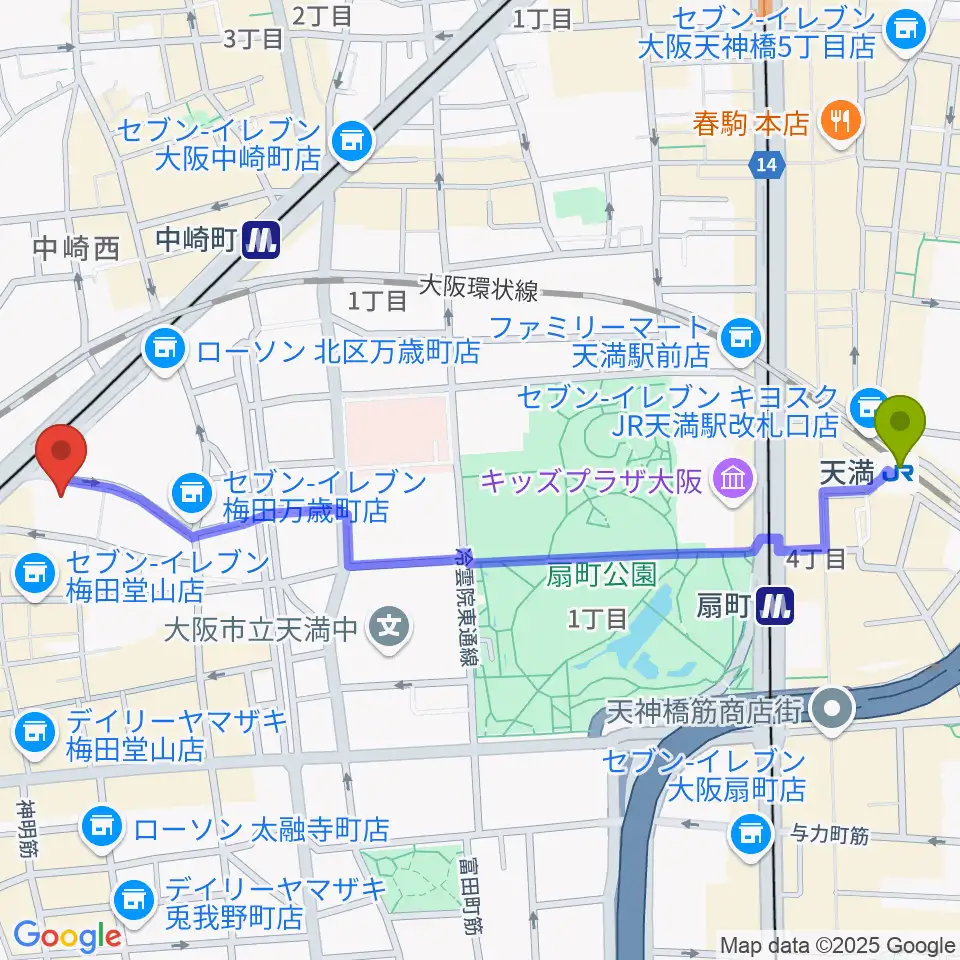 天満駅から梅田アクトスリーホールへのルートマップ地図