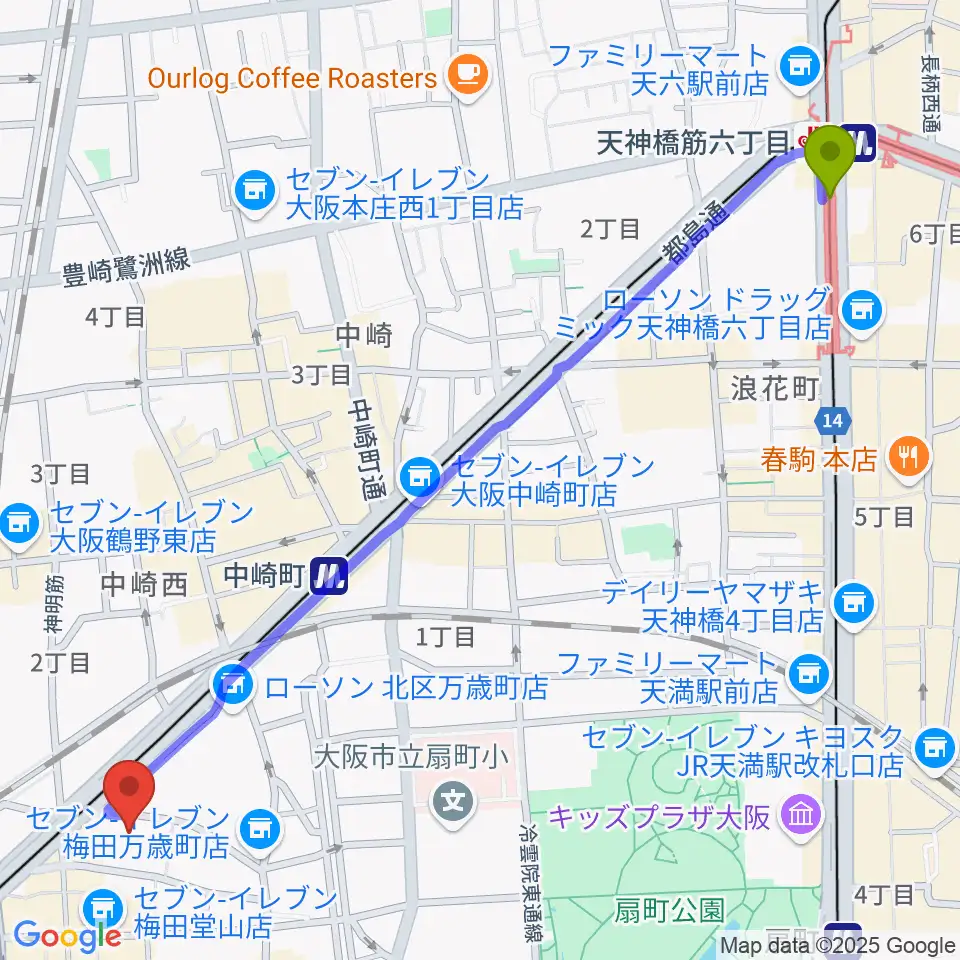 天神橋筋六丁目駅から梅田アクトスリーホールへのルートマップ地図