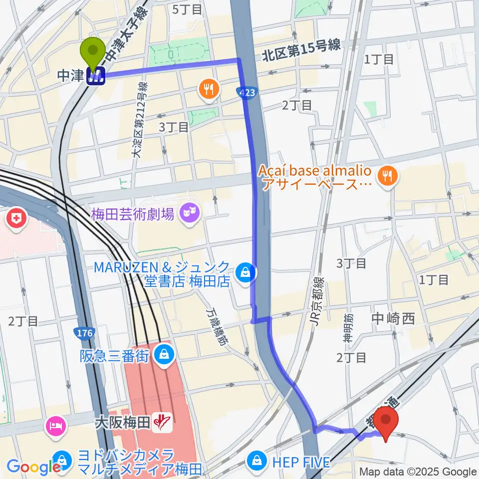 中津駅から梅田アクトスリーホールへのルートマップ地図