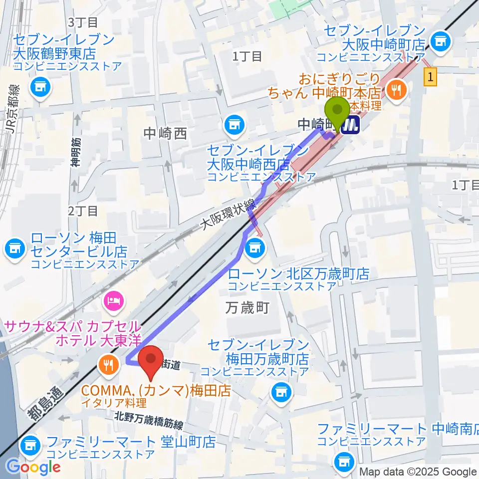 梅田アクトスリーホールの最寄駅中崎町駅からの徒歩ルート（約5分）地図