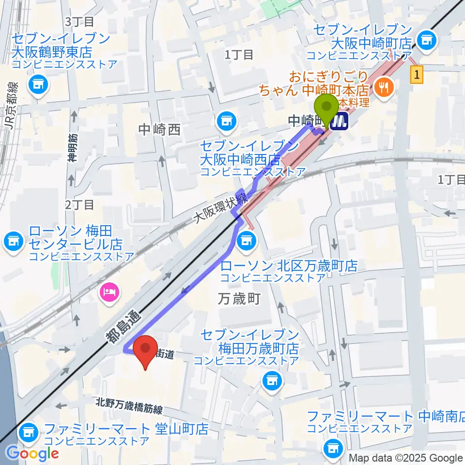梅田アクトスリーホールの最寄駅中崎町駅からの徒歩ルート（約5分）地図
