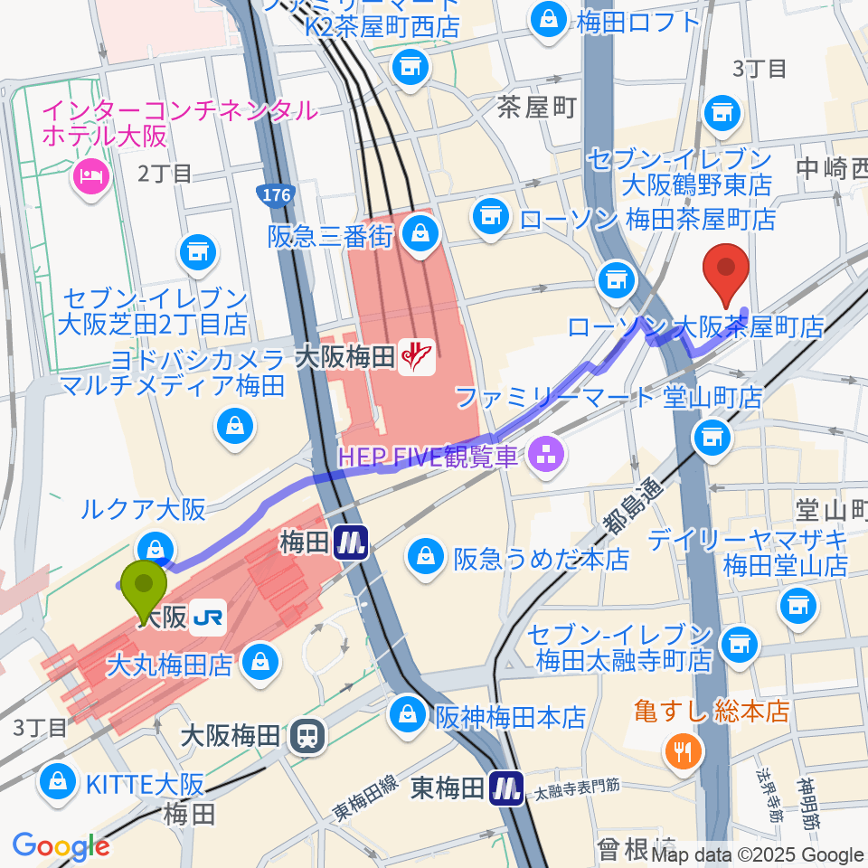 大阪駅から梅田クリスタルホールへのルートマップ地図