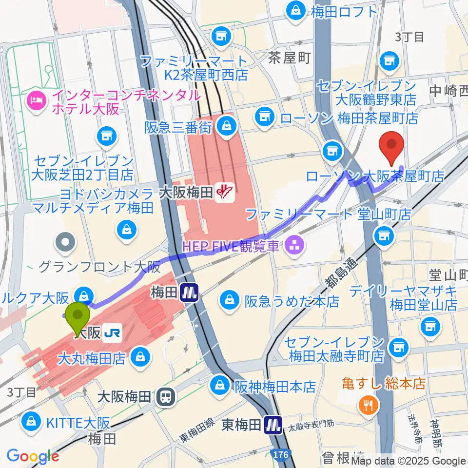 大阪駅から梅田クリスタルホールへのルートマップ地図