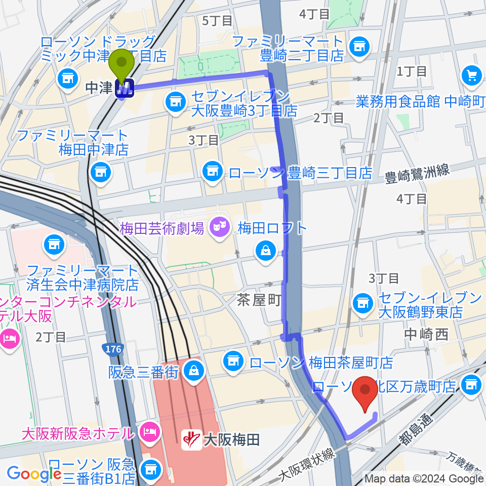 中津駅から梅田クリスタルホールへのルートマップ地図