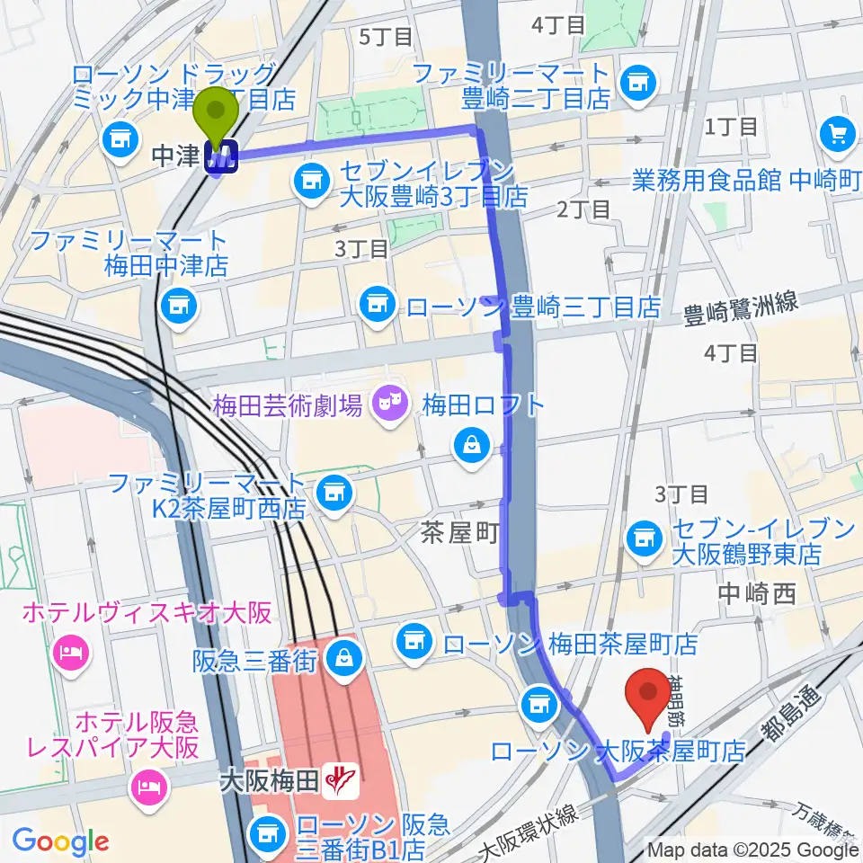 中津駅から梅田クリスタルホールへのルートマップ地図