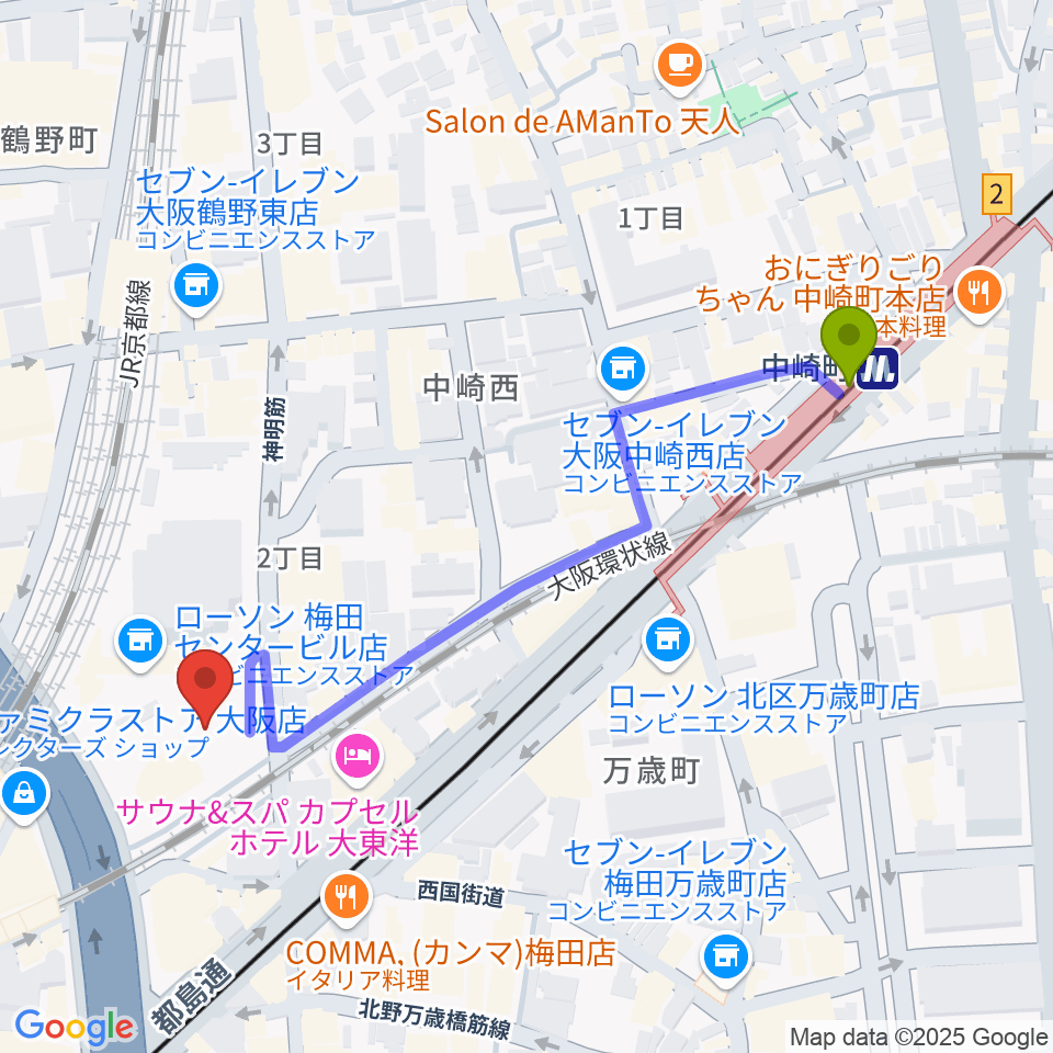 梅田クリスタルホールの最寄駅中崎町駅からの徒歩ルート（約5分）地図