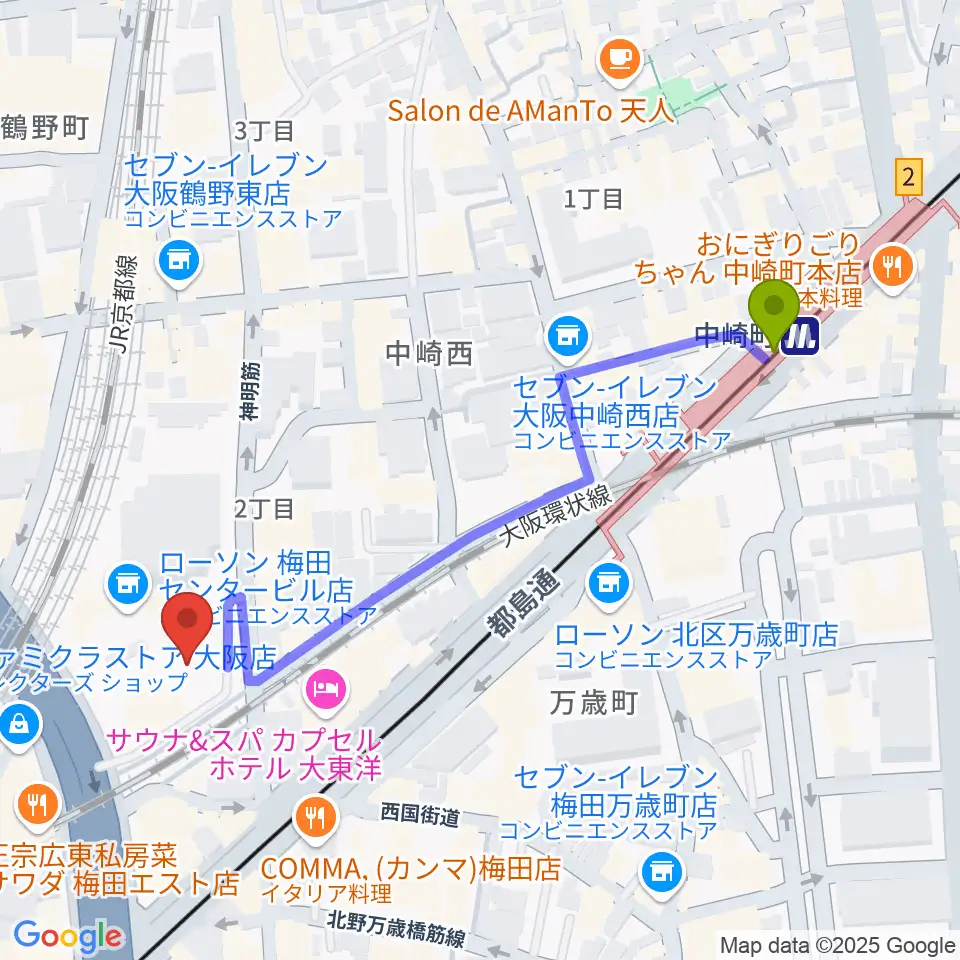 梅田クリスタルホールの最寄駅中崎町駅からの徒歩ルート（約5分）地図