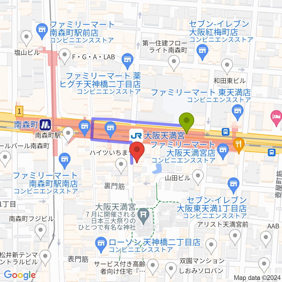 南森町シカゴロックの最寄駅大阪天満宮駅からの徒歩ルート（約2分）地図